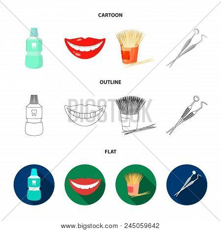 Dental Sterile Liquid In The Jar, Lips, Teeth, Toothpicks In The Jar, Medical Instruments For The De