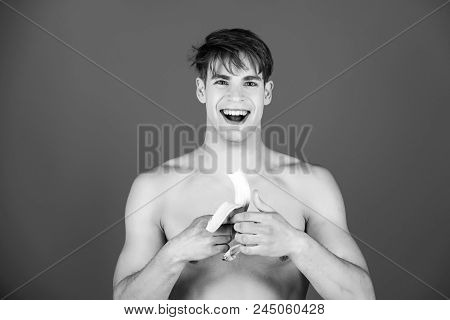 Fitness Food. Dieting And Fitness, Happy Man, Athlete Or Macho With Blond Hair, Stylish Haircut And 