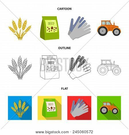 Spikelets Of Wheat, A Packet Of Seeds, A Tractor, Gloves.farm Set Collection Icons In Cartoon, Outli