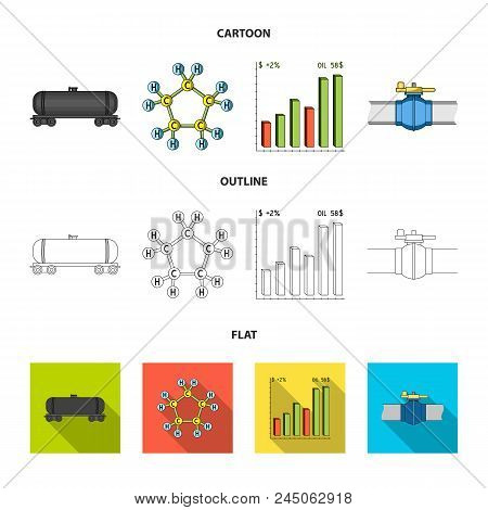 Railway Tank, Chemical Formula, Oil Price Chart, Pipeline Valve. Oil Set Collection Icons In Cartoon