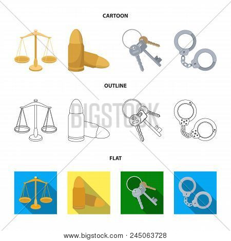 Scales Of Justice, Cartridges, A Bunch Of Keys, Handcuffs.prison Set Collection Icons In Cartoon, Ou