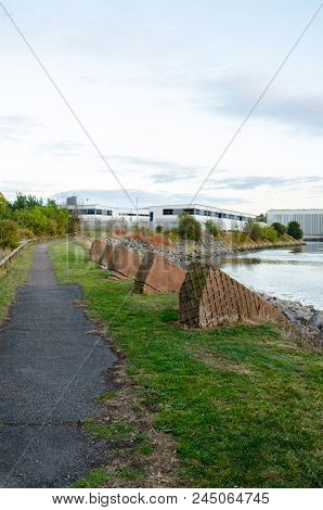 Walkway Along The North Side Of The River Wear With Red Concrete Sculptures In The Foreground