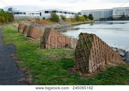 Walkway Along The North Side Of The River Wear With Red Concrete Sculptures In The Foreground