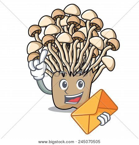 With Envelope Enoki Mushroom Character Cartoon Vector Illustration