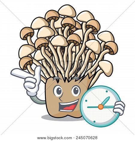 With Clock Enoki Mushroom Character Cartoon Vector Illustration