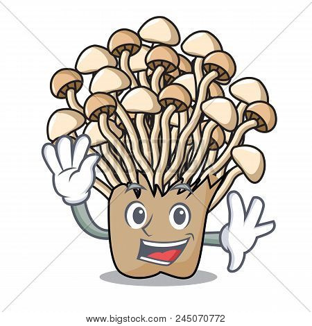 Waving Enoki Mushroom Character Cartoon Vector Illustration