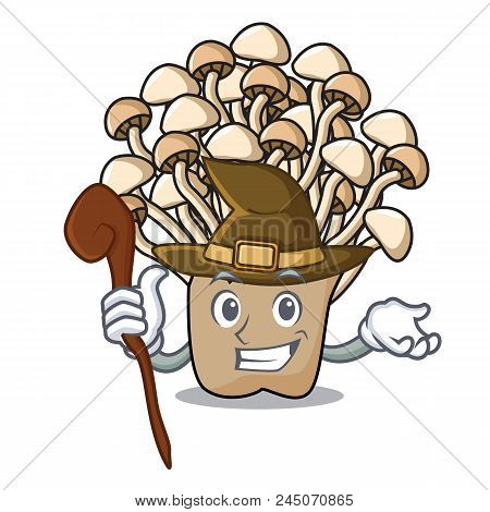 Witch Enoki Mushroom Mascot Cartoon Vector Illustration