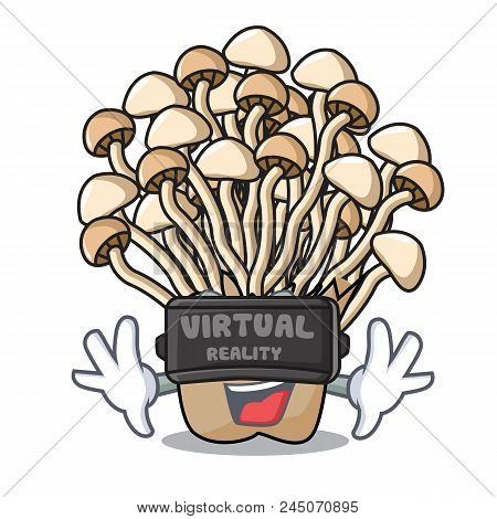 Virtual Reality Enoki Mushroom Mascot Cartoon Vector Illustration