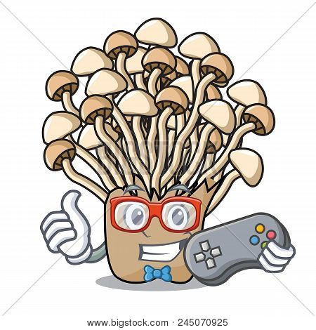 Gamer Enoki Mushroom Mascot Cartoon Vector Illustration