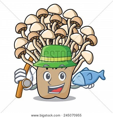 Fishing Enoki Mushroom Mascot Cartoon Vector Illustration