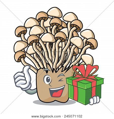 With Gift Enoki Mushroom Mascot Cartoon Vector Illustration