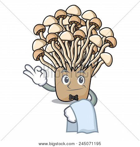 Waiter Enoki Mushroom Mascot Cartoon Vector Illustration