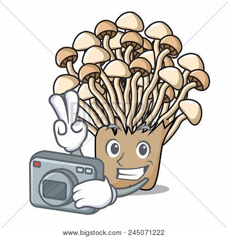 Photographer Enoki Mushroom Mascot Cartoon Vector Illustration