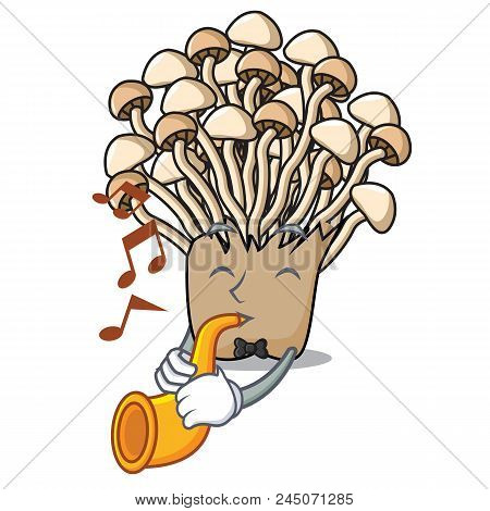 With Trumpet Enoki Mushroom Mascot Cartoon Vector Illustration