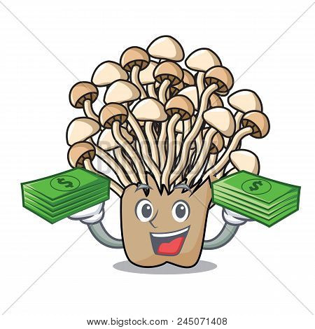 With Money Bag Enoki Mushroom Mascot Cartoon Vector Illustration