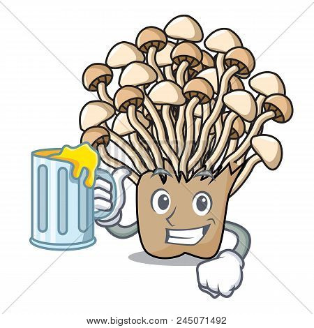With Juice Enoki Mushroom Mascot Cartoon Vector Illustration
