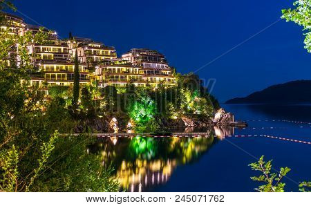 Picturesque Night Embankment On The Adriatic Coast.