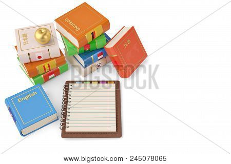 Notebook And Books Foreign Languages Learn And Translate Education Concept Books With Covers In Colo