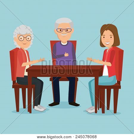 Group Of Family Members In The Dinning Room Vector Illustration Design
