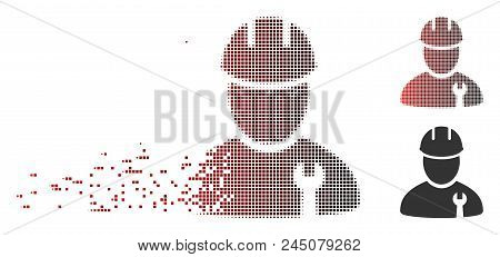 Vector Repairman Icon In Sparkle, Pixelated Halftone And Undamaged Solid Versions. Disappearing Effe