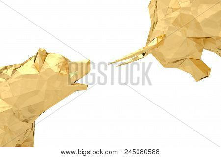 Golden Bull And Bear On A White Background 3D Illustration.