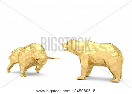 Golden Bull And Bear On A White Background 3D Illustration.