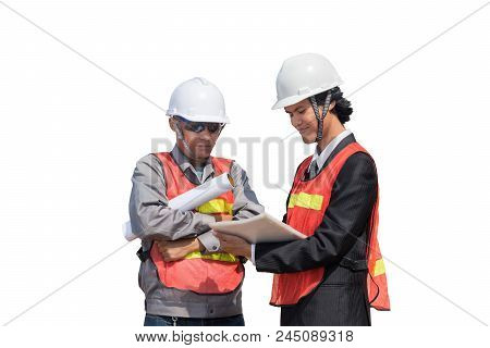 Two Architect With Blueprints Isolated On White Background