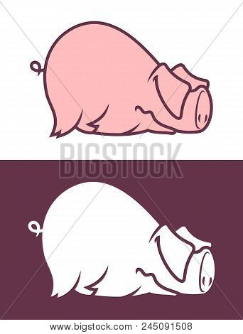 Funny Lying Pig With Ears On Eyes. Cute Piggy Character.