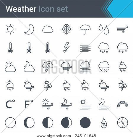 Weather Line Icon Set - Sun, Moon Phase, Cloud, Rain, Snow, Rainbow, Thunder