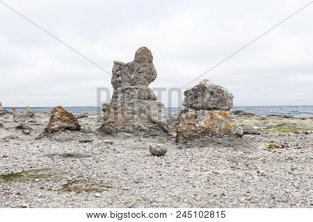 Sea Stacks At Folhammar Near Ljugarn In The Swedish Province Of Gotland.