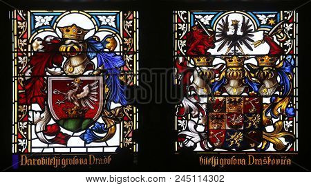 ZAGREB, CROATIA - APRIL 07: Coat of arms of the Counts Draskovic, stained glass in Zagreb cathedral dedicated to the Assumption of Mary in Zagreb on April 07, 2015.