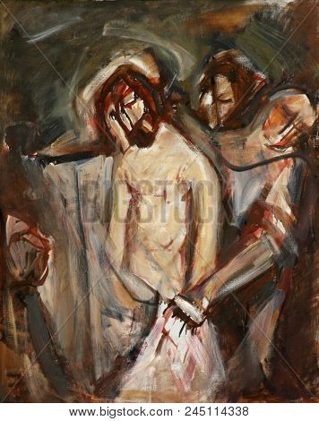 SISAK, CROATIA - DECEMBER 07: 10th Stations of the Cross, Jesus is stripped of His garments, Church of Holy Cross in Sisak, Croatia, on December 07, 2017.