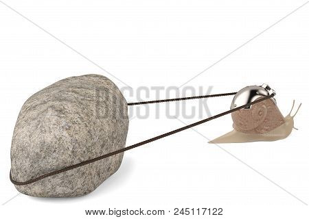 Creative Snail Pulling Stone Isolated On White Background 3d Illustration.
