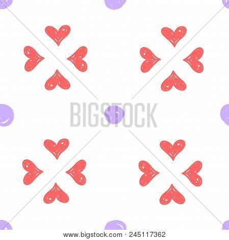 Simple Handdrawn Seamless Pattern With Pink Heard And Purple Dots. For Wallpapers, Web Background, T