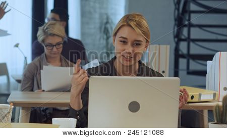 Video Call Facetime Chatting Communication In Moder Office. Professional Shot