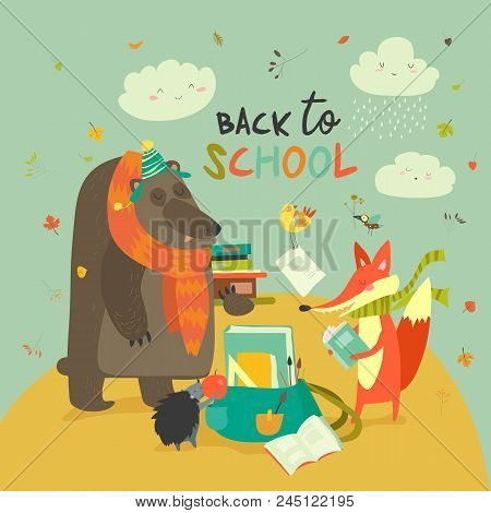 Back To School Illustaration With Cute Woodland Animals. Vector Design