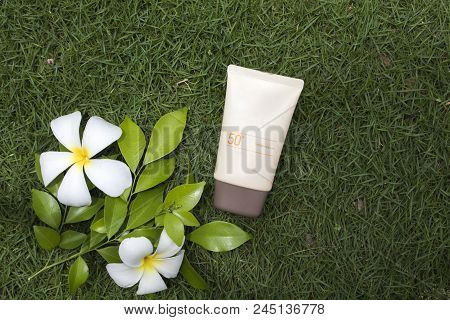 Natural Cosmetic For Skin Face Sunscreen Spf50 Of Lifestyle Woman Relax Summer With Frangipani Flowe