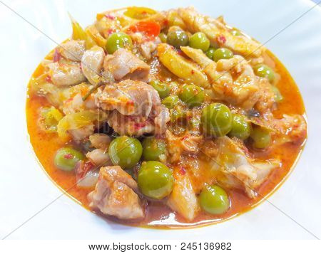 Phanaeng Curry Chicken In White Plate ,thai Food.