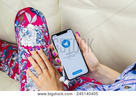 Sankt-petersburg, Russia, June 8, 2018: Telegram Application Icon On Apple Iphone X Screen Close-up 