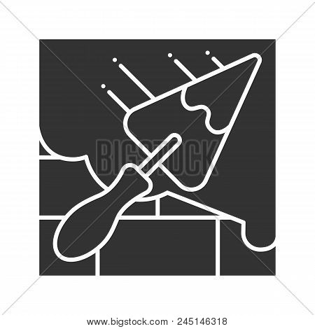Brick Wall With Triangular Shovel Glyph Icon. Cement Solution. Putty Knife, Spatula. Silhouette Symb