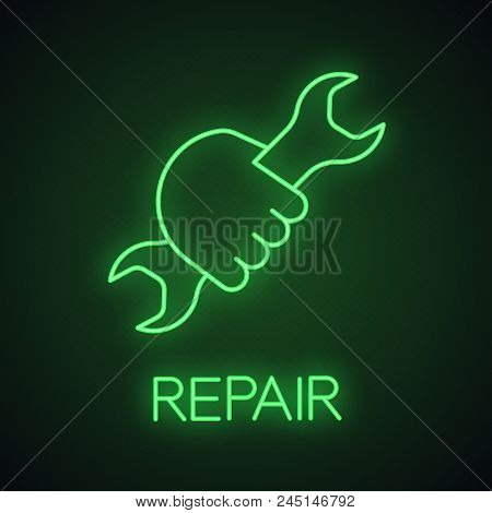 Hand Holding Wrench Neon Light Icon. Double Open Ended Spanner. Workshop Glowing Sign. Vector Isolat