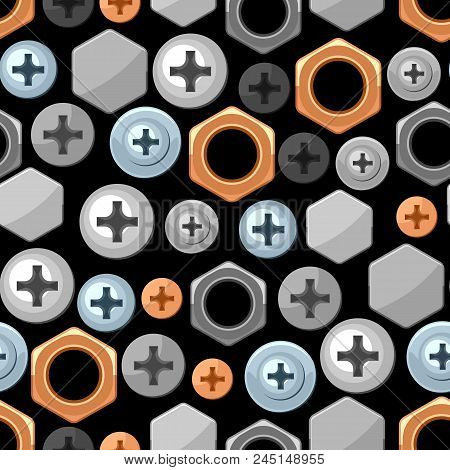 Seamless Pattern With Bolts Nuts Nails. Various Iron Screws Collection.