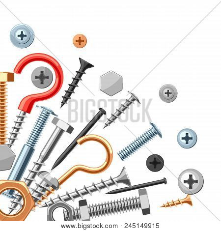 Background With Bolts Nuts Nails. Various Iron Screws Collection.