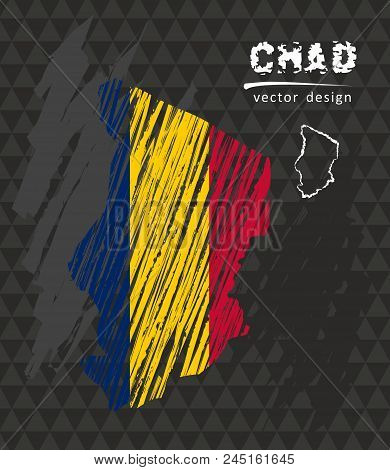 Chad Map With Flag Inside On The Black Background. Chalk Sketch Vector Illustration