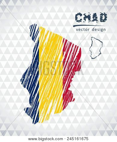 Chad Vector Map With Flag Inside Isolated On A White Background. Sketch Chalk Hand Drawn Illustratio