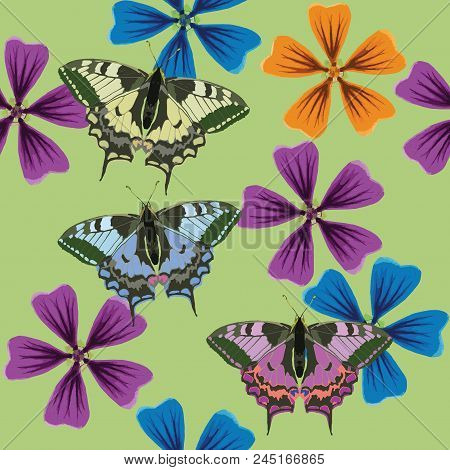 Lavatera, Butterfly. Texture Of Flowers, Butterfly. Seamless Pattern For Continuous Replicate. Flora