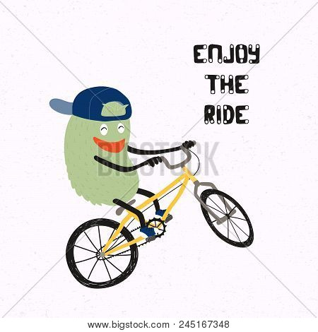 Hand Drawn Vector Illustration Of A Cute Funny Monster In A Snapback Cap Doing A Stunt On A Bmx Bicy