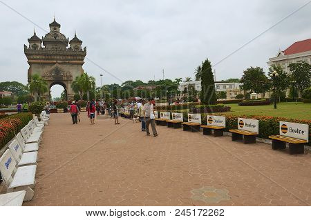 Vientiane, Laos - April 22, 2012: Unidentified People Visit Patuxay Park And Victory Monument In Vie