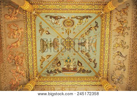 Vientiane, Laos - April 22, 2012: Rich Ceiling Decoration Of The Patuxay Victory Monument In Vientia