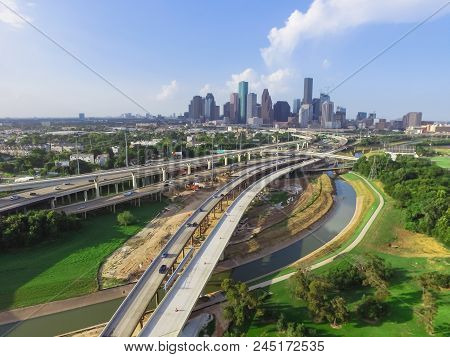 Downtown And Interstate I45 Highway Flyover Aerial